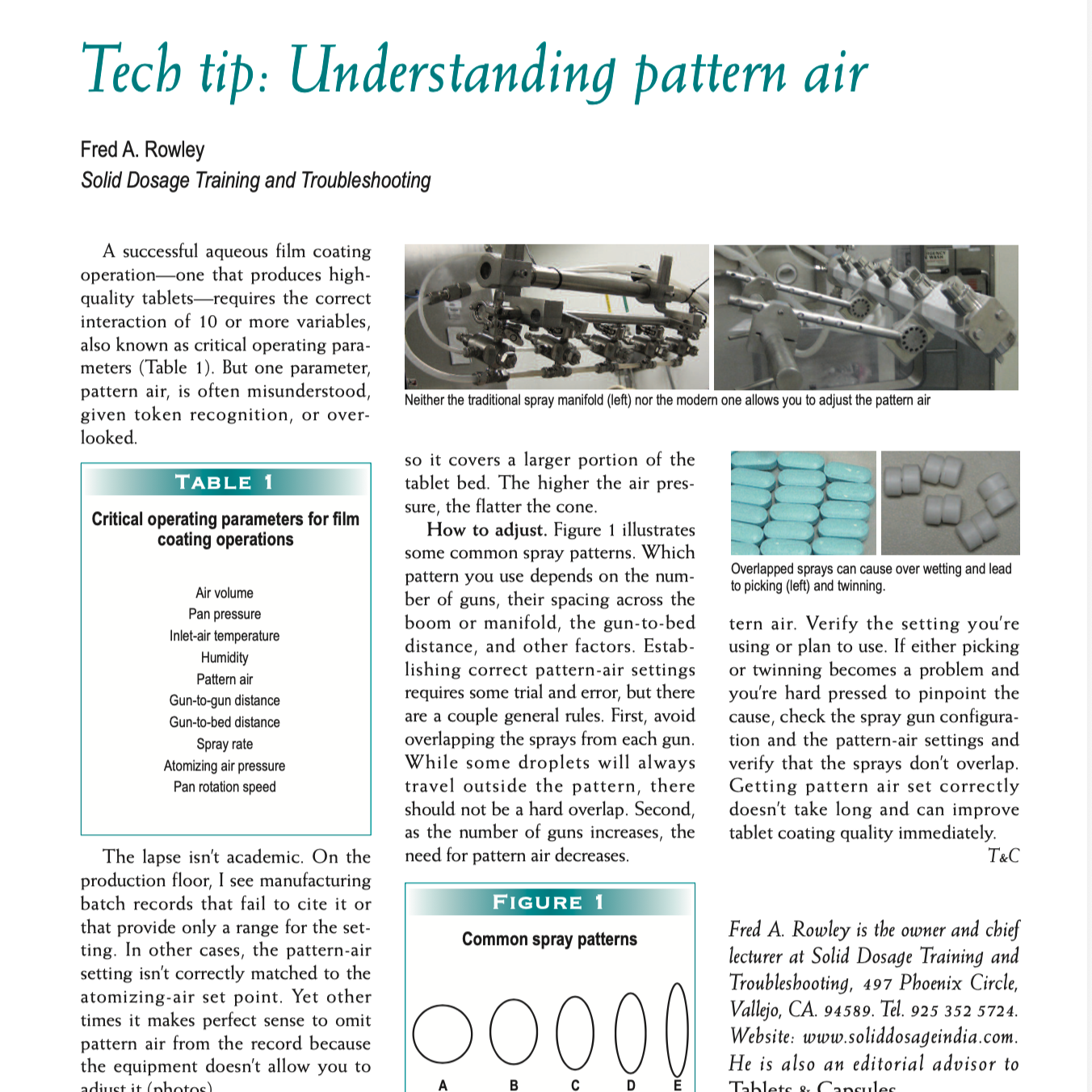 Two images showing spray gun manifold options, one traditional and one modern, with a close-up of blue tablets and their rounded shapes, alongside text explaining spray patterns for coating tablets.
