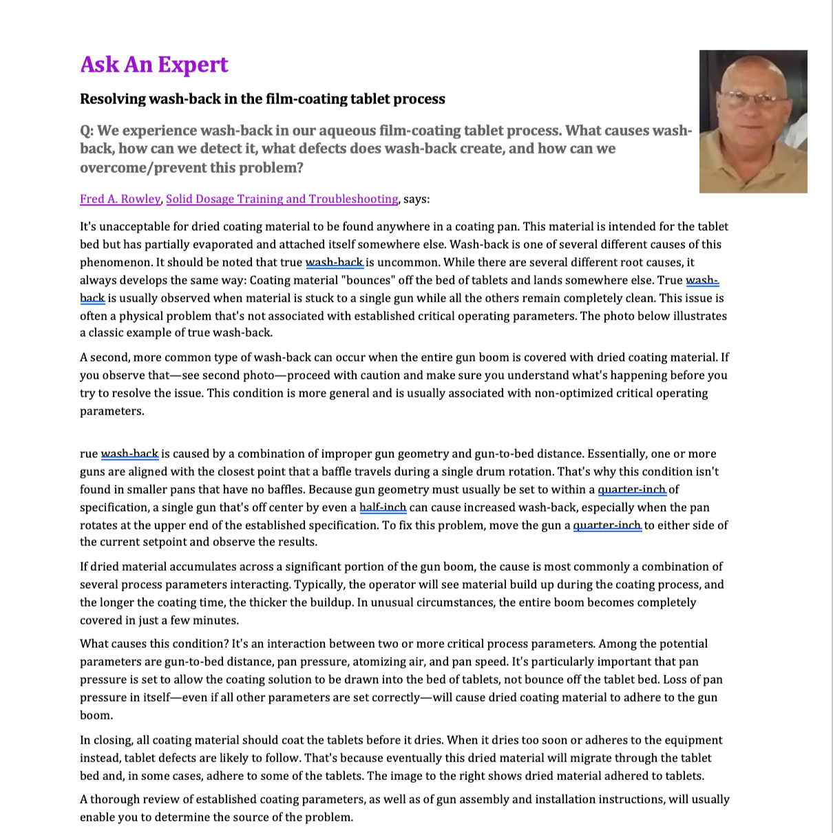 Screenshot of a technical article about resolving wash-back in the film-coating tablet process, featuring a small portrait of a man in the top right corner.