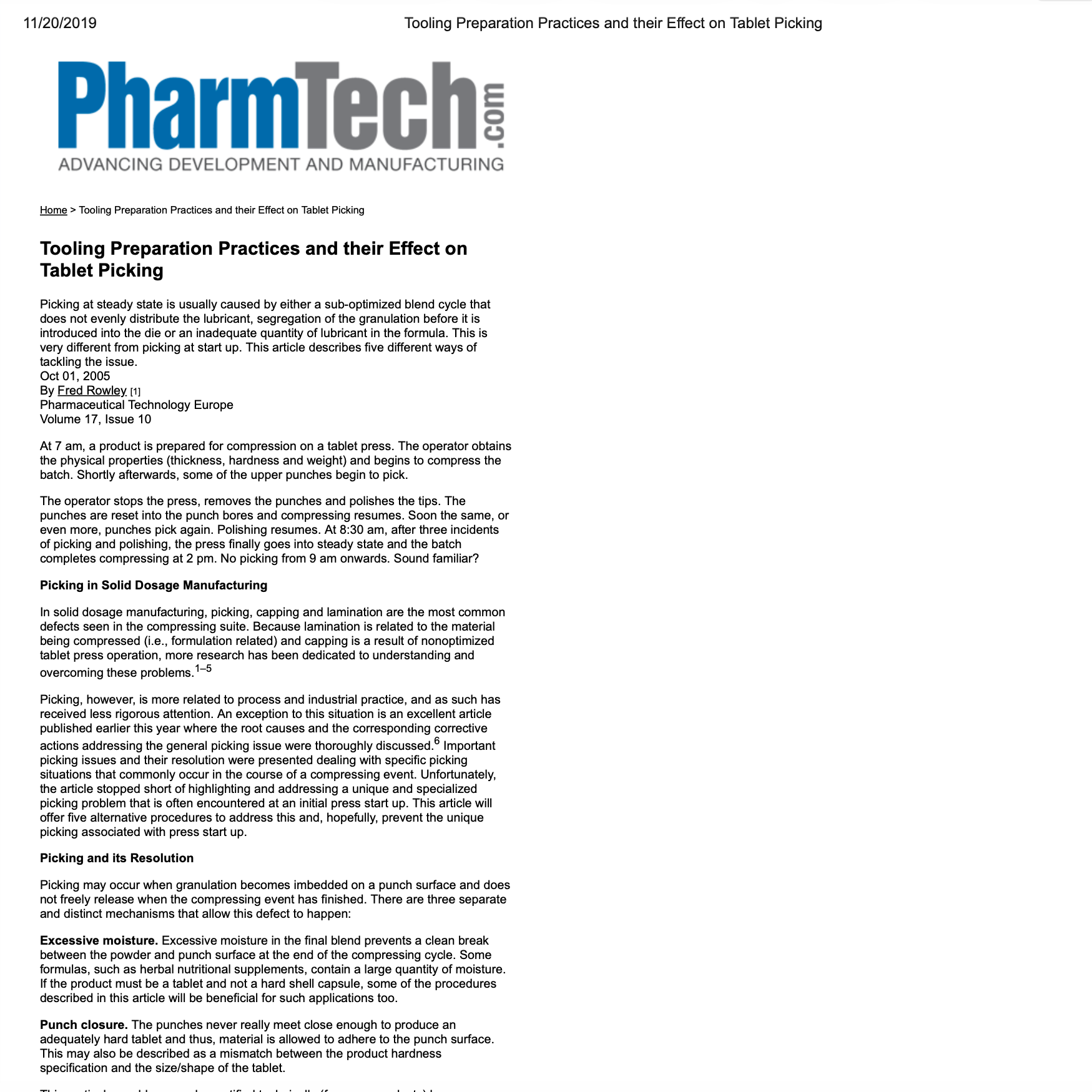 Article page from PharmTech discussing tooling preparation practices and their effect on tablet picking, with text and a header logo.