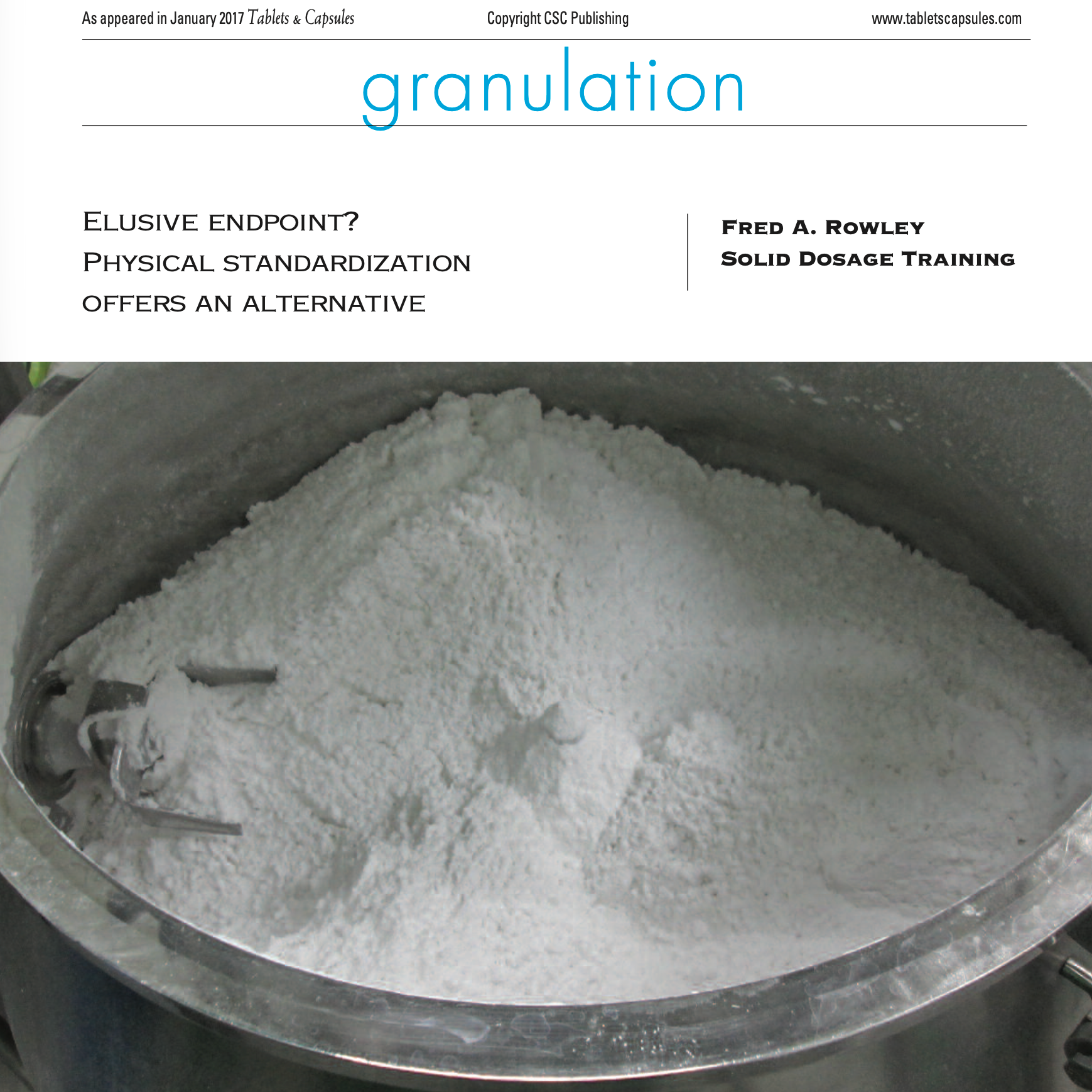 Close-up photo of a metal container filled with white powder, likely a pharmaceutical or chemical substance. The container has a spout or faucet on the left side.