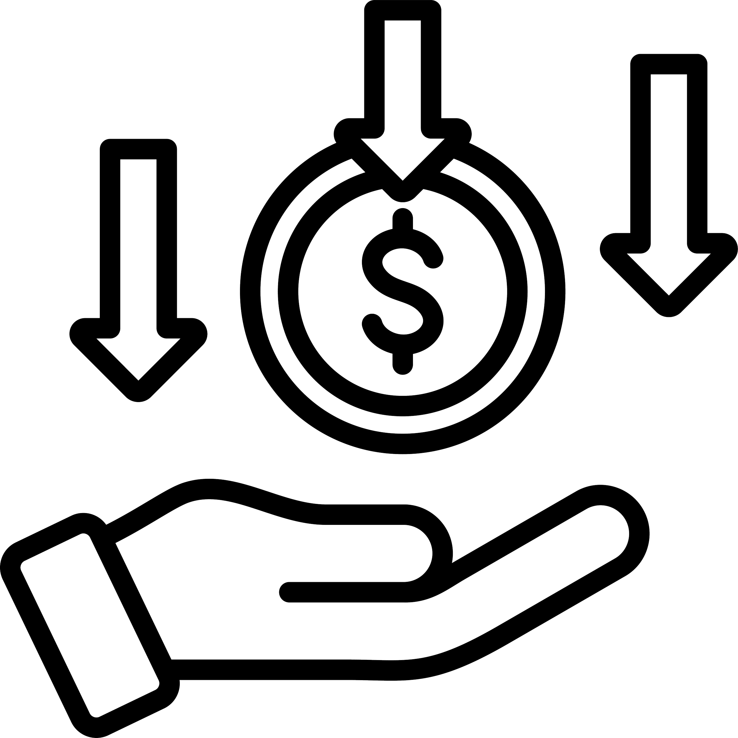 Outline of a hand holding a coin with a dollar sign, surrounded by arrows pointing downward.