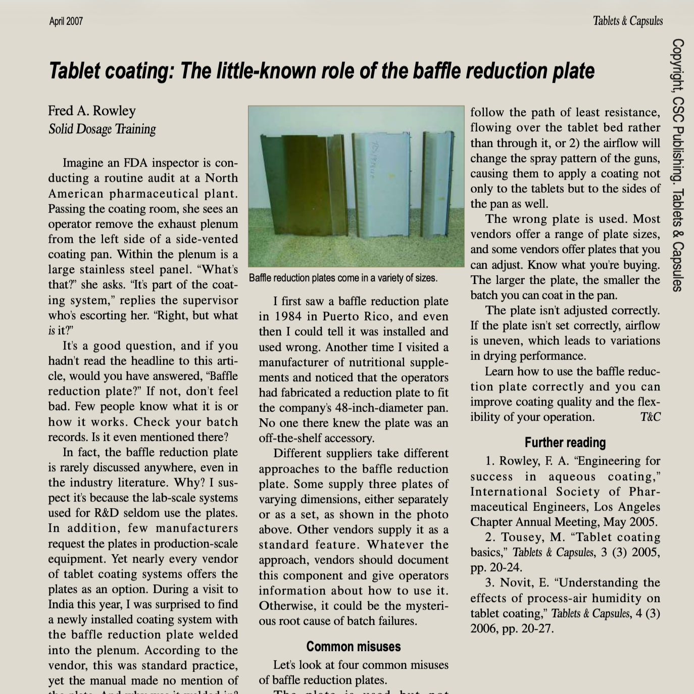 An article titled "Tablet coating: The little-known role of the baffle reduction plate" with a photo of various sized baffle reduction plates.