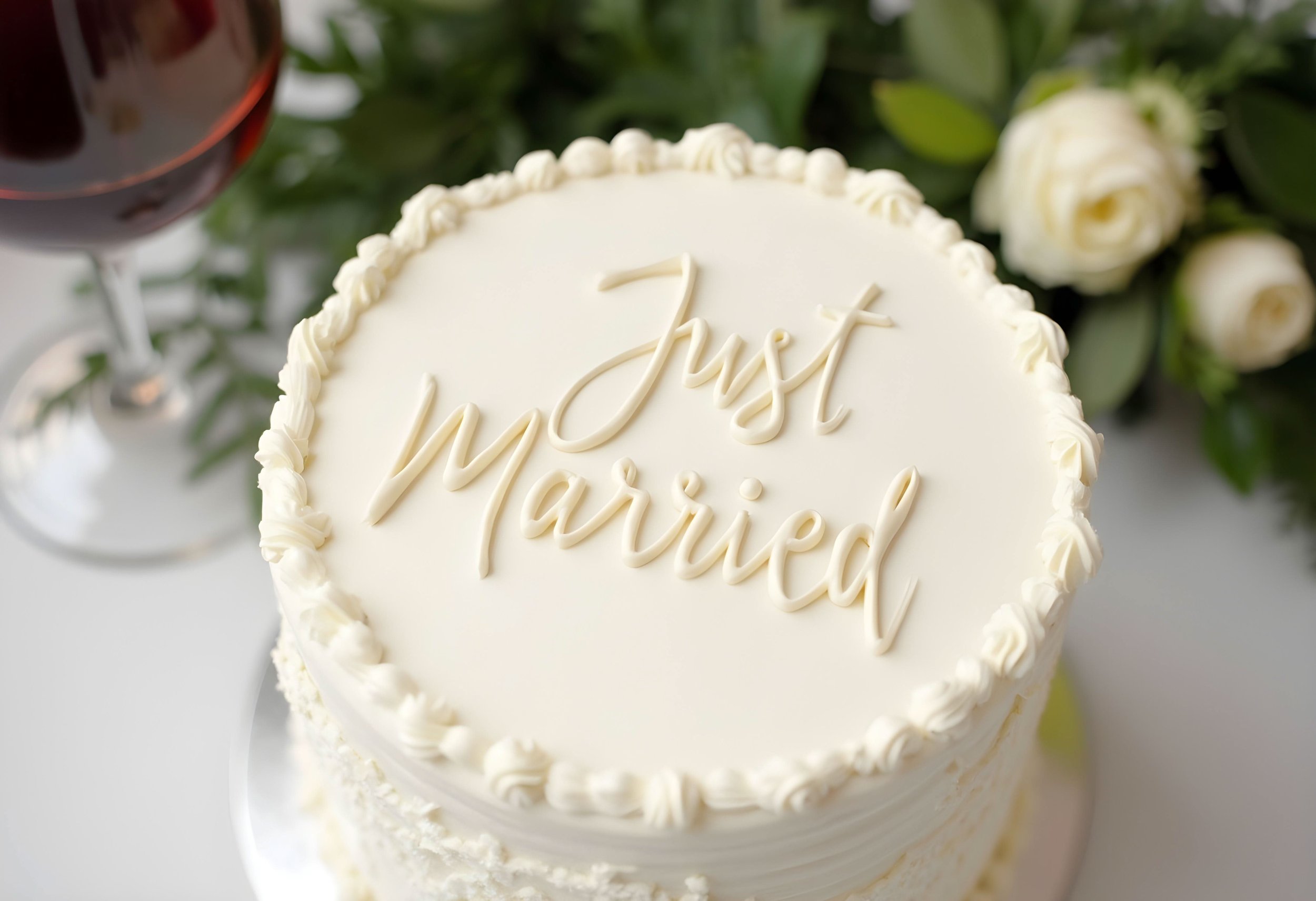 Pastel de bodas con la inscripción 'Just Married' en la parte superior, decorado con crema y flores blancas, acompañado de una copa de vino tinto y flores blancas en el fondo.