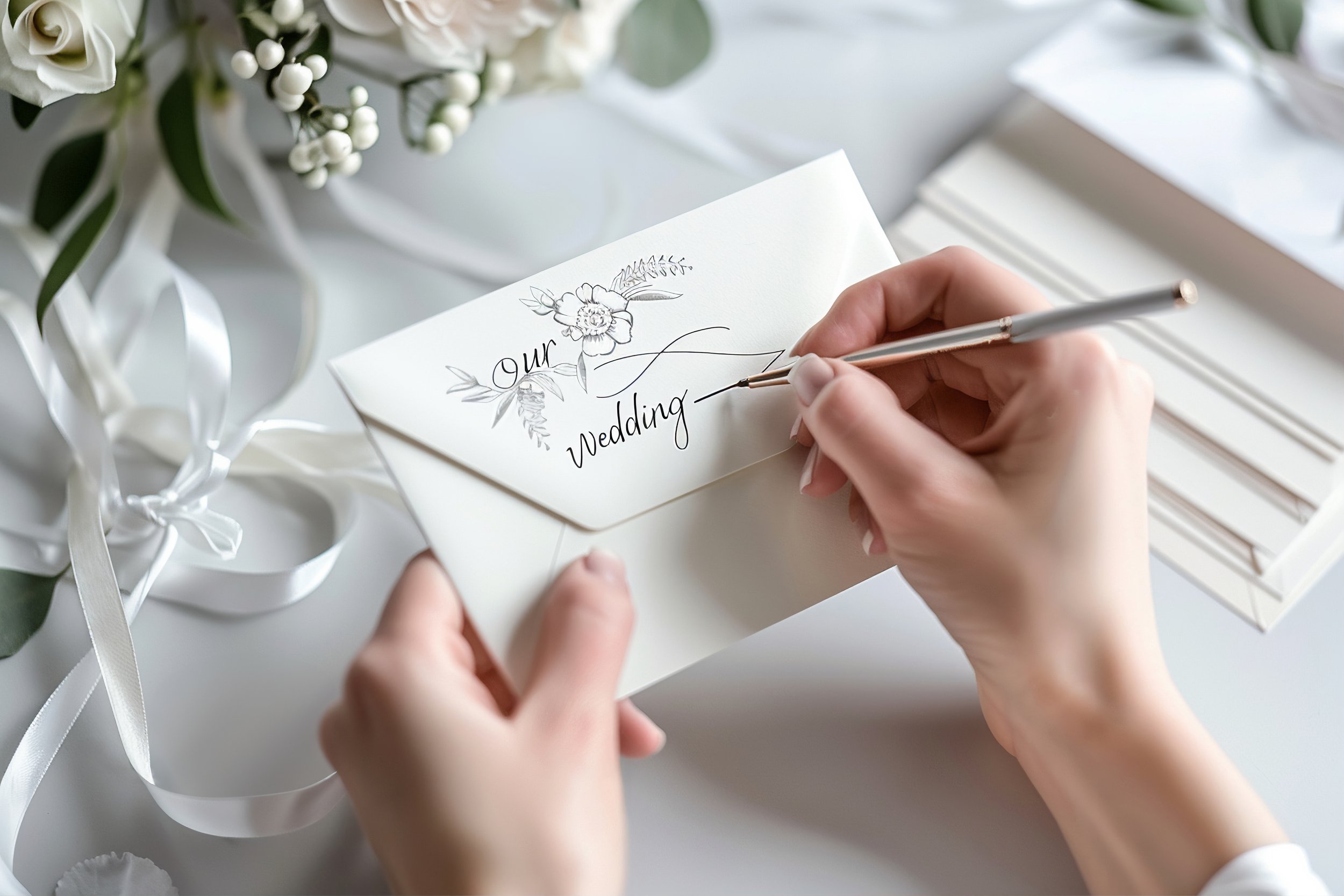 Una mano escribiendo en un sobre de invitación de boda con un bolígrafo de colores metálicos, rodeada de decoraciones blancas y flores, en un escritorio con libros apilados.