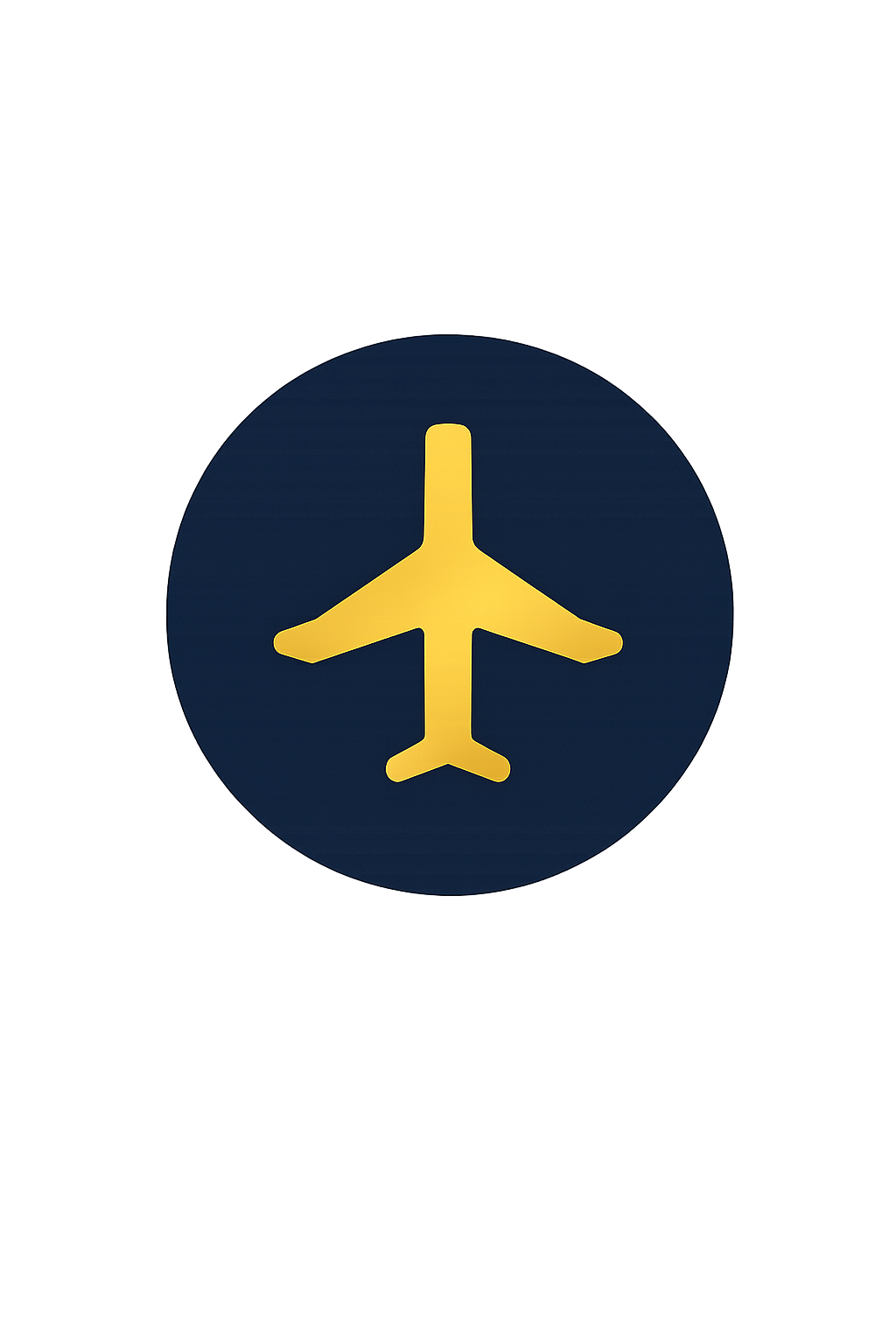An airport sign with a yellow airplane icon on a dark blue circular background.