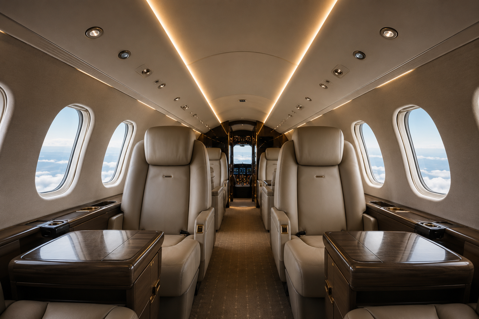 Luxury private jet interior with beige leather seats, wood paneling, and windows showing clouds outside.
