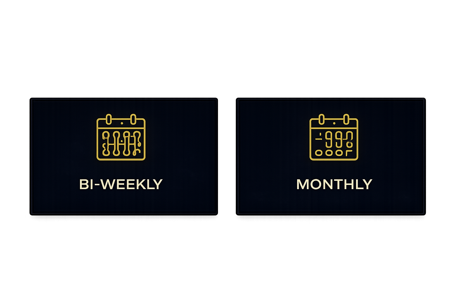 Digital display panels showing options for bi-weekly and monthly scheduling with icons of calendars.