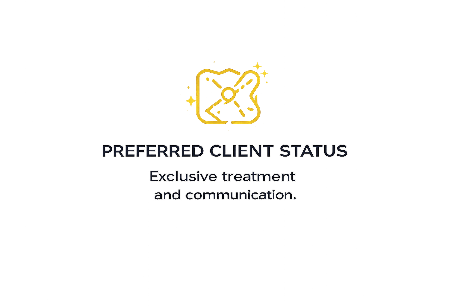 A digital graphic with a dark background and neon purple and blue light streaks, featuring a gold icon of a document with a star and arrow. The text reads 'PREFERRED CLIENT STATUS' and 'Exclusive treatment and communication'