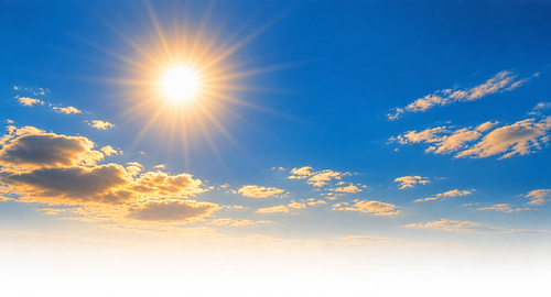 Bright sun in a partly cloudy sky during the daytime.