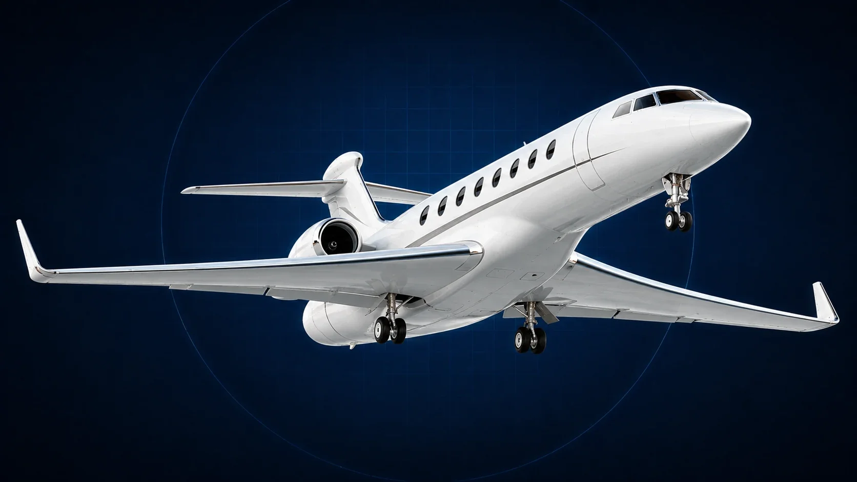 A white private jet airplane flying against a dark blue sky with navigation radar overlay