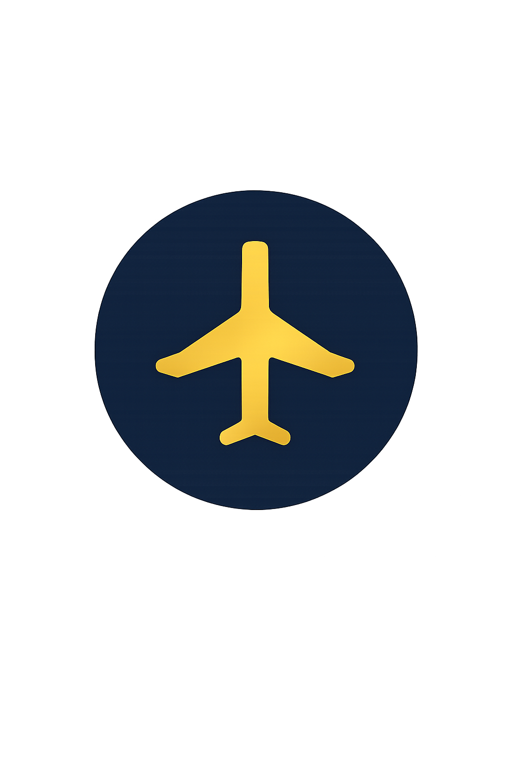 A yellow airplane symbol inside a dark blue circle, indicating airport or airline transportation.