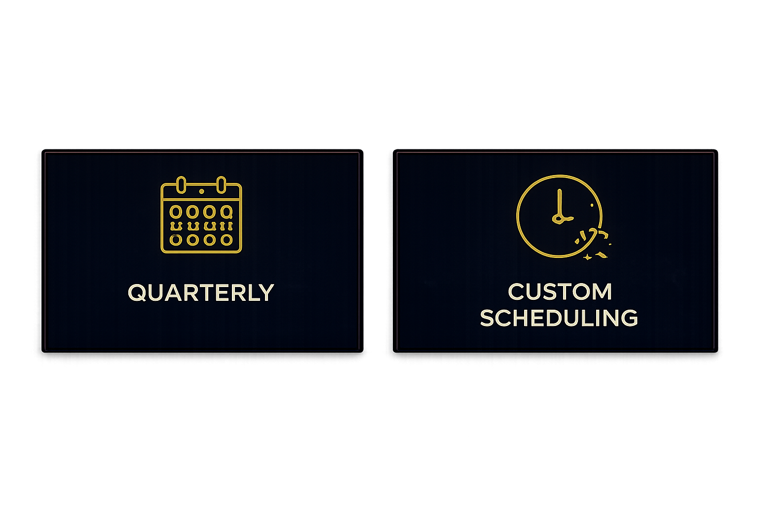 Digital display panels with icons of a calendar and a clock, labeled 'Quarterly' and 'Custom Scheduling' respectively.