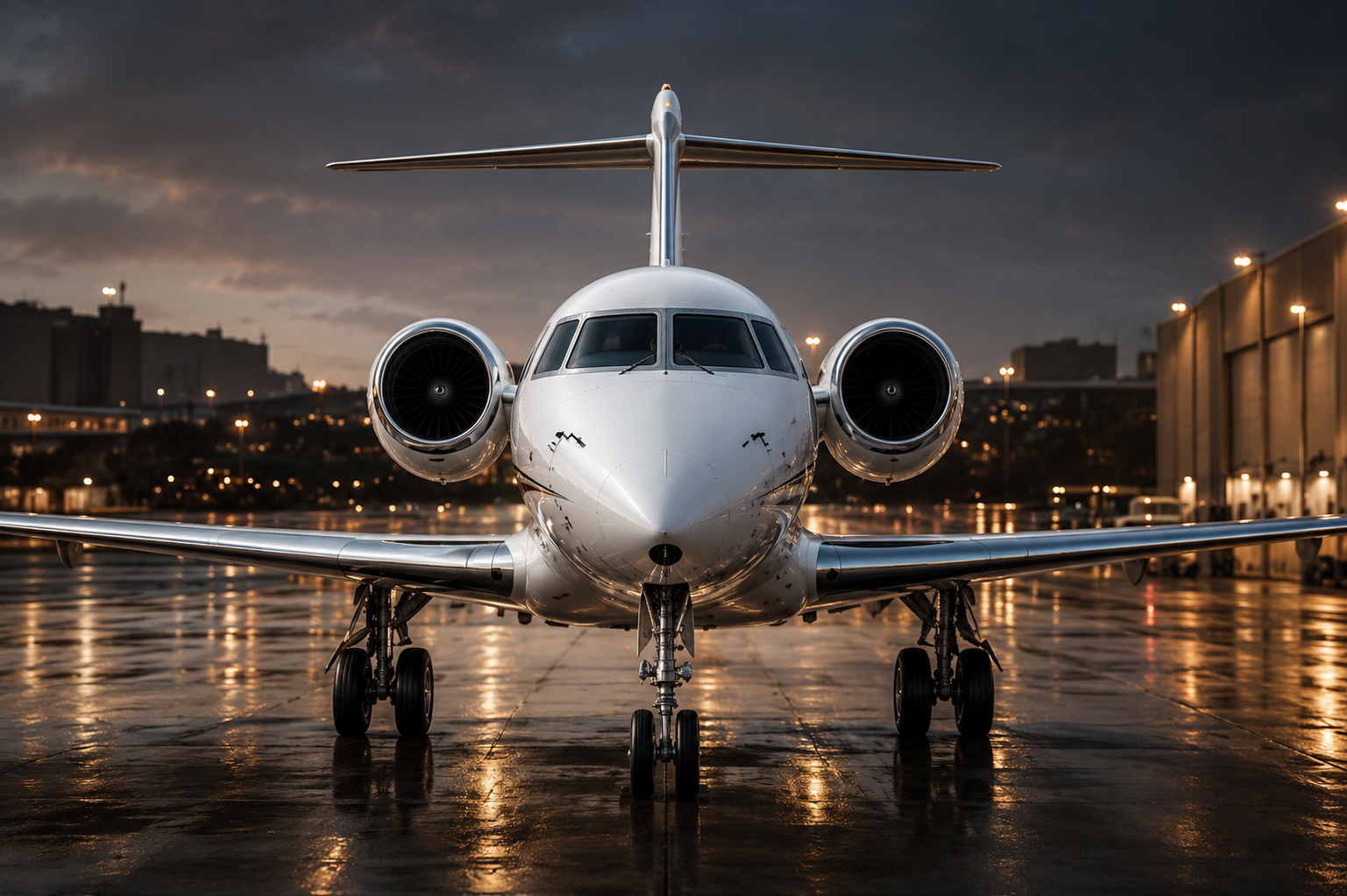 Front view of a private jet on wet tarmac at sunset with city buildings in background.