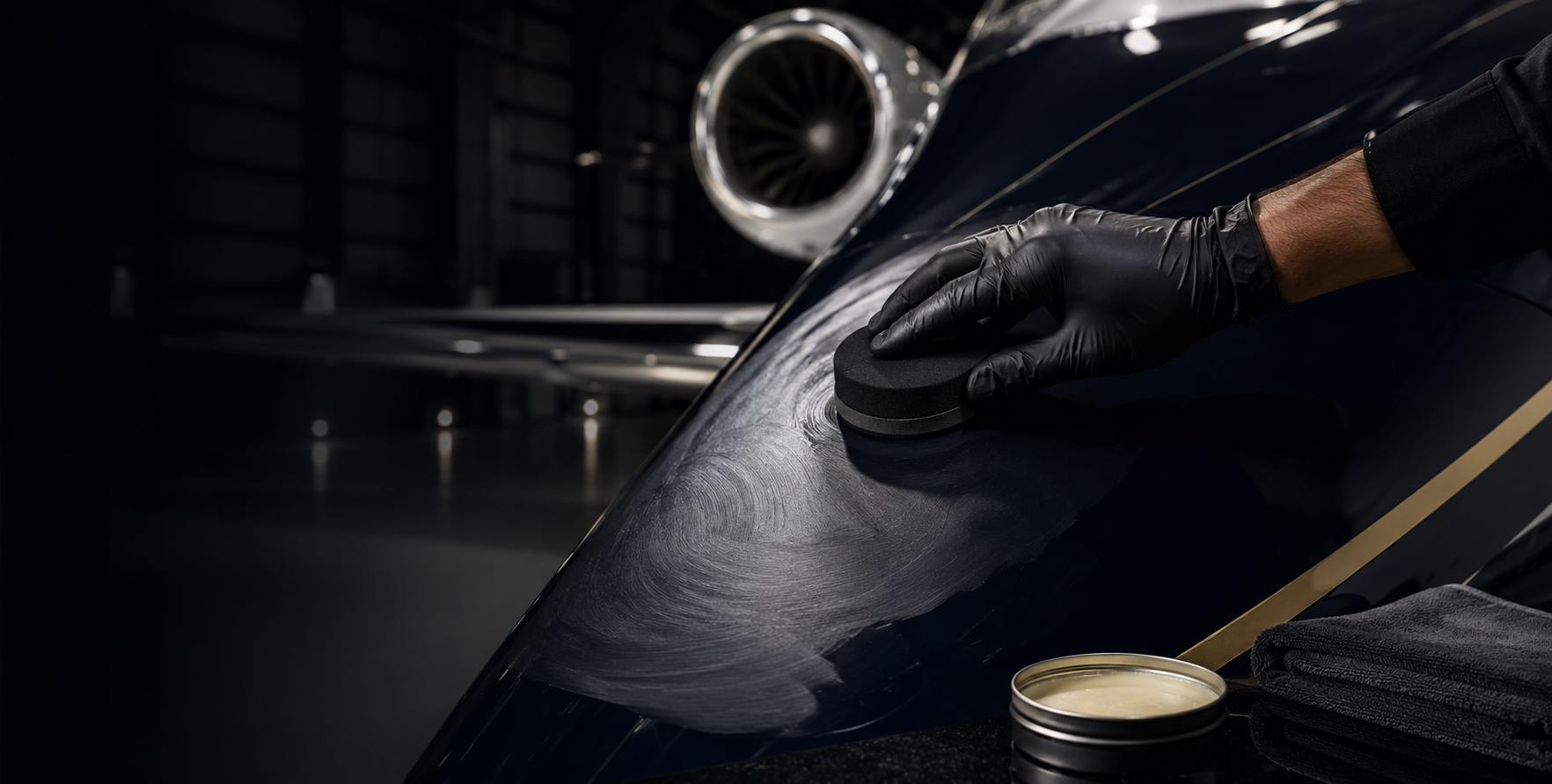Person wearing black gloves polishing a dark blue car with a black foam applicator