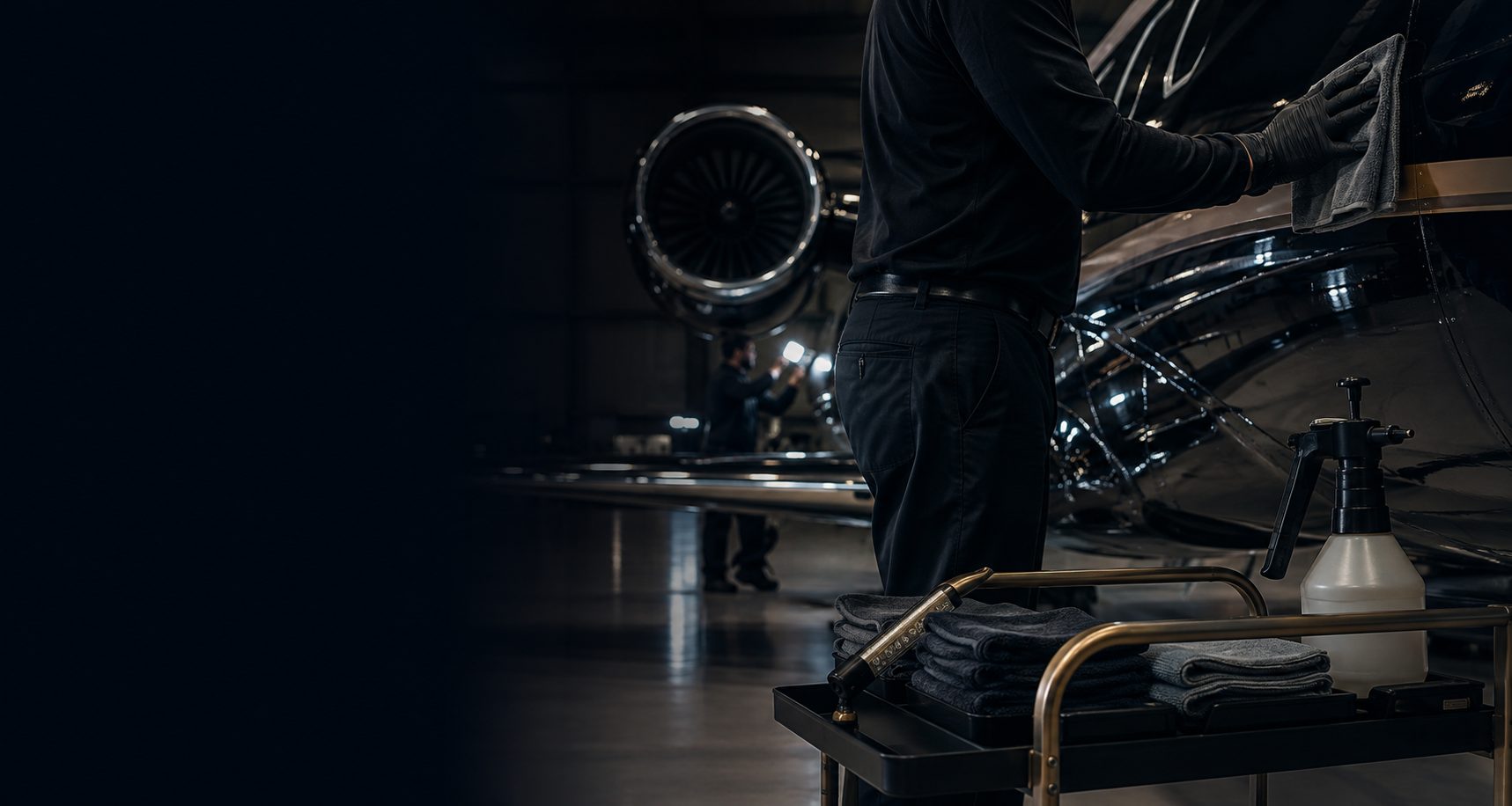 Technicians cleaning a sleek, black airplane in a hangar, with towels and cleaning supplies on a cart nearby.