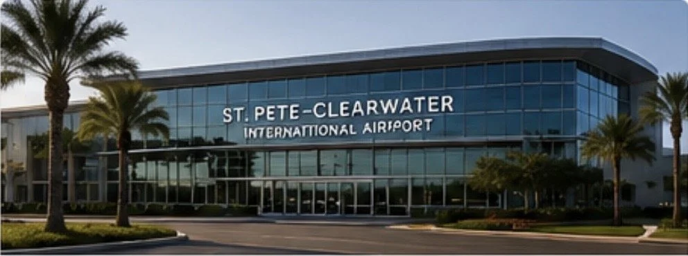 Front view of St. Pete-Clearwater International Airport with palm trees and a modern glass building.