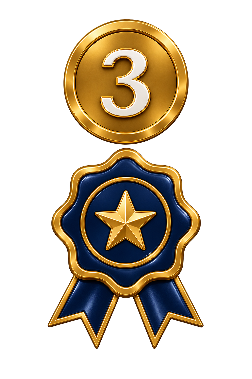 A digital illustration of a gold medal with a circular top displaying the number 3, and a blue ribbon with a gold star in the center, resembling an award or achievement badge.
