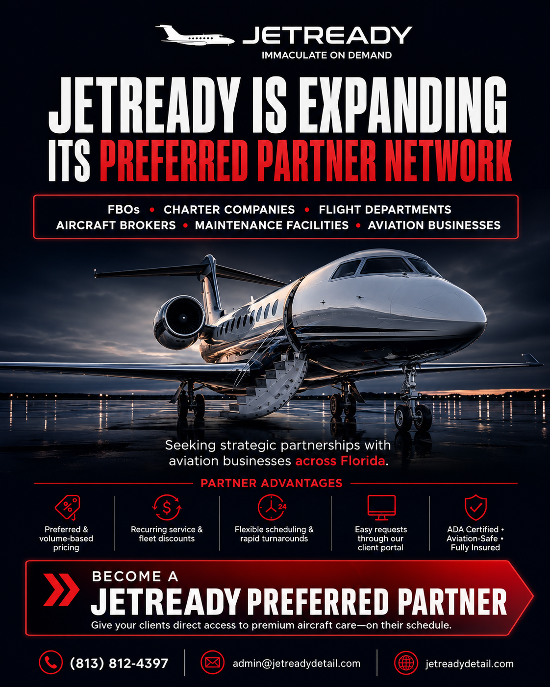 Advertisement for JetReady, a company expanding its preferred partner network with aviation businesses across Florida. Features a private jet at sunset, mentioning partnership benefits like volume pricing, discounts, scheduling, easy requests, and sa