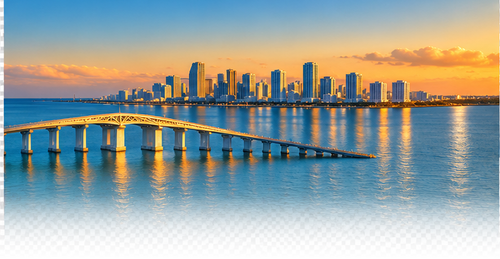 Sunset over a city skyline with high-rise buildings and a bridge over water in the foreground
