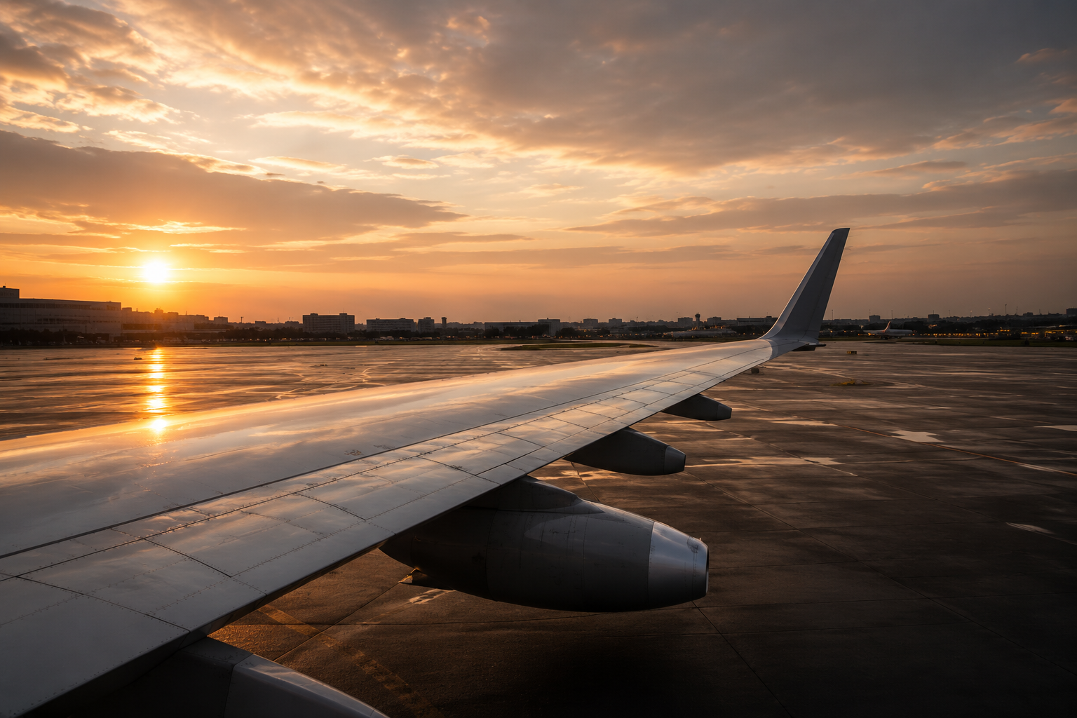 View from an airplane window showing the wing and engine during sunset at an airport, with city buildings in the distance.