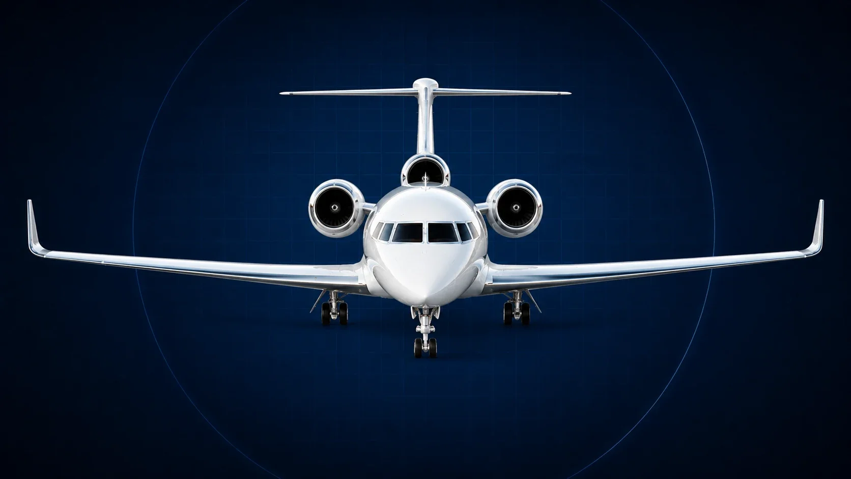 Front view of a modern aircraft with three engines, flying against a blue background with a subtle grid and circular lines.
