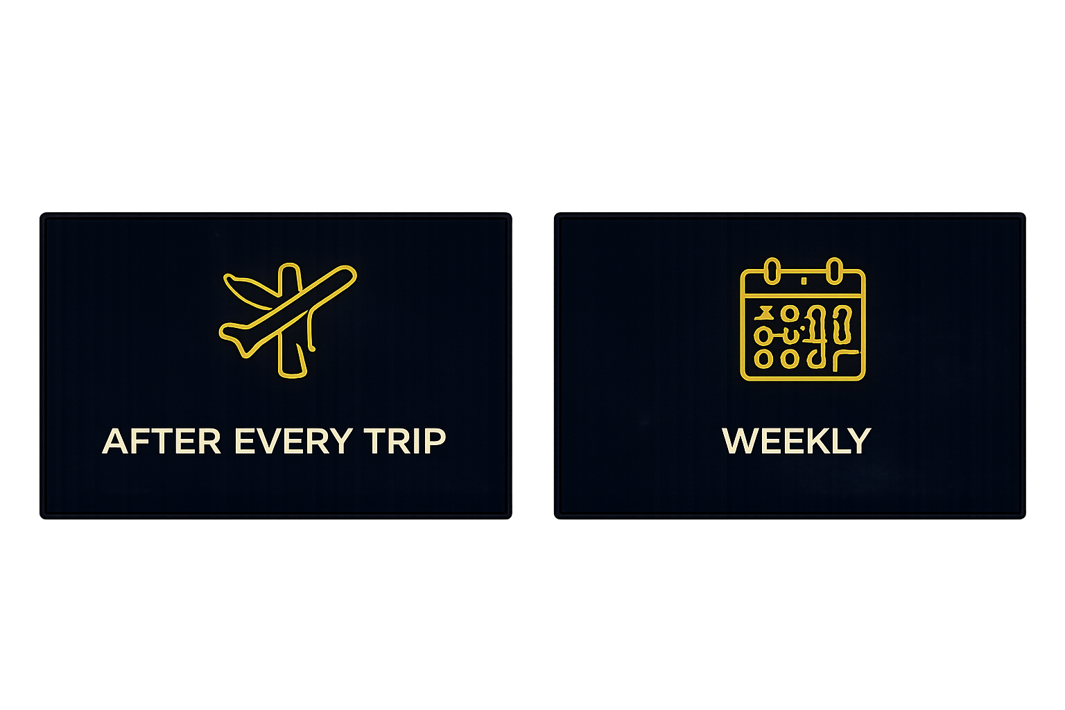 Digital signs indicating 'After Every Trip' with an airplane icon, and 'Weekly' with a calendar icon, likely related to travel schedules.
