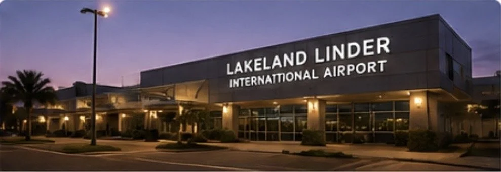 Exterior of Lakeland Linder International Airport during dusk, with lit signage and a parking lot in front.