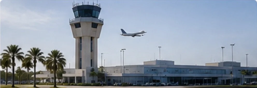 An airplane taking off from an airport runway near a control tower with palm trees and a clear blue sky.