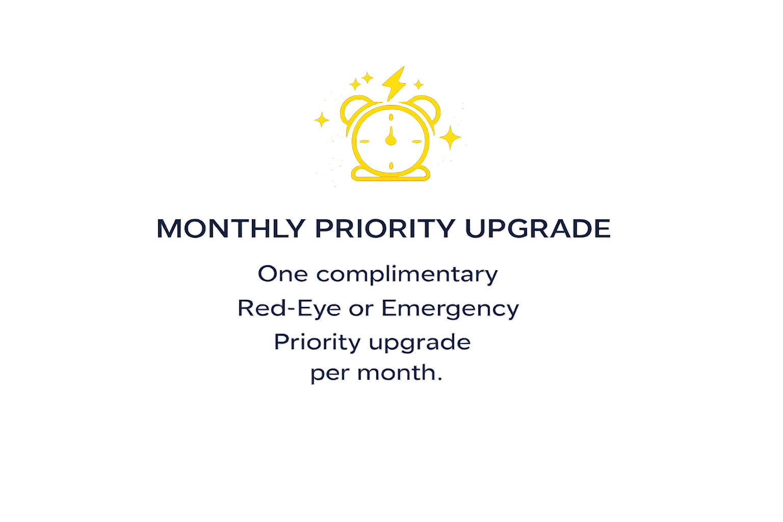 A digital graphic with a black background featuring a yellow alarm clock icon surrounded by blue streaks. Text over the image reads, 'Monthly Priority Upgrade' with additional details about promotion perks.