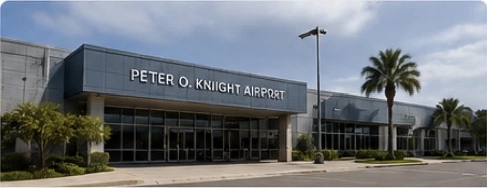 Exterior of Peter O. Knight Airport with palm trees and landscaping in front.