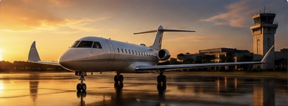Private jet aircraft on wet tarmac at sunset with airport control tower in background.