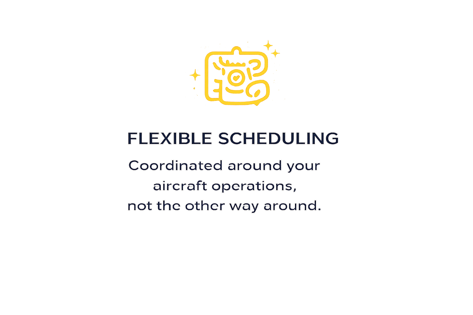 A digital graphic with a neon-style airplane icon at the top, followed by the text 'Flexible Scheduling' and a description about aircraft operation coordination. The background features vertical lines and abstract shapes in blue, purple, and pink hues.
