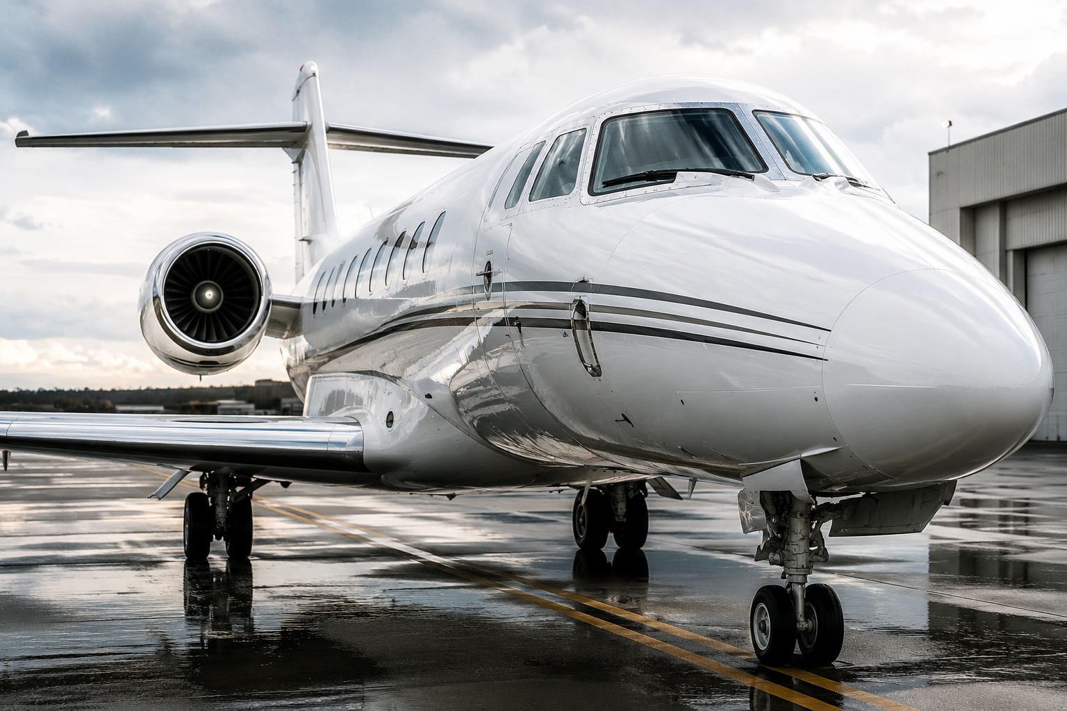 A sleek white private jet on an airport tarmac with a partly cloudy sky in the background.