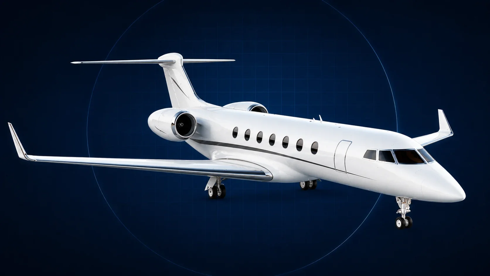 A white private jet aircraft with two engines, sitting on a dark background with grid lines and a blue, circular design element.