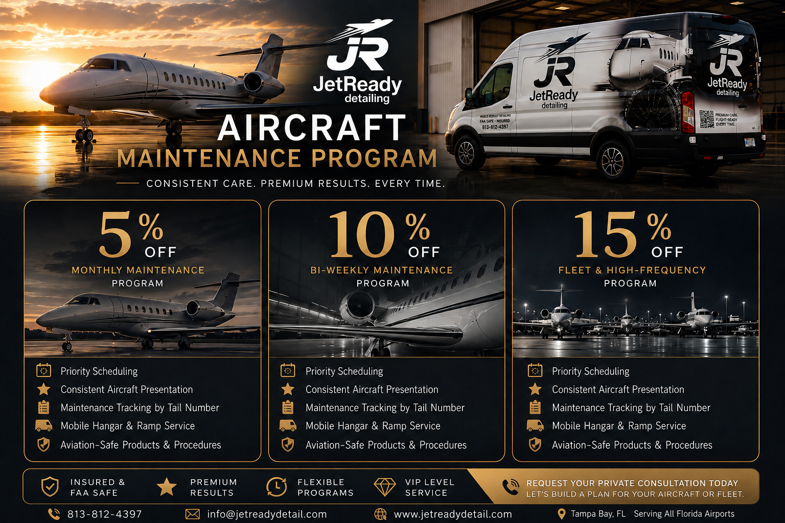 JetReady  Aircraft maintenance Program for FBOs, private jet owners, charter operators, flight departments, aircraft management companies, and aviation fleets, featuring monthly, bi-weekly, weekly and custom service recurring plans, priority scheduli