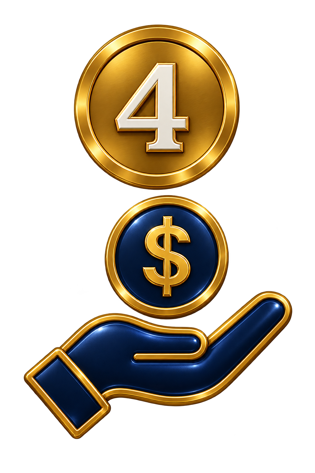 Digital illustration of a human hand holding a gold coin with a dollar sign, and above it a larger gold coin with the number four.