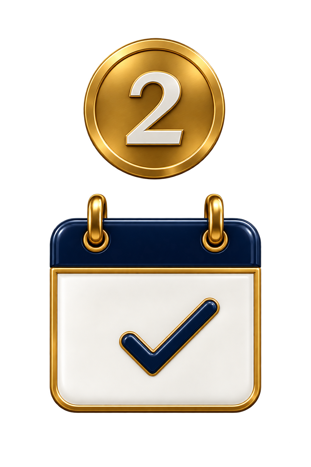 A gold medal with the number 2 on it and a calendar icon showing a checkmark.