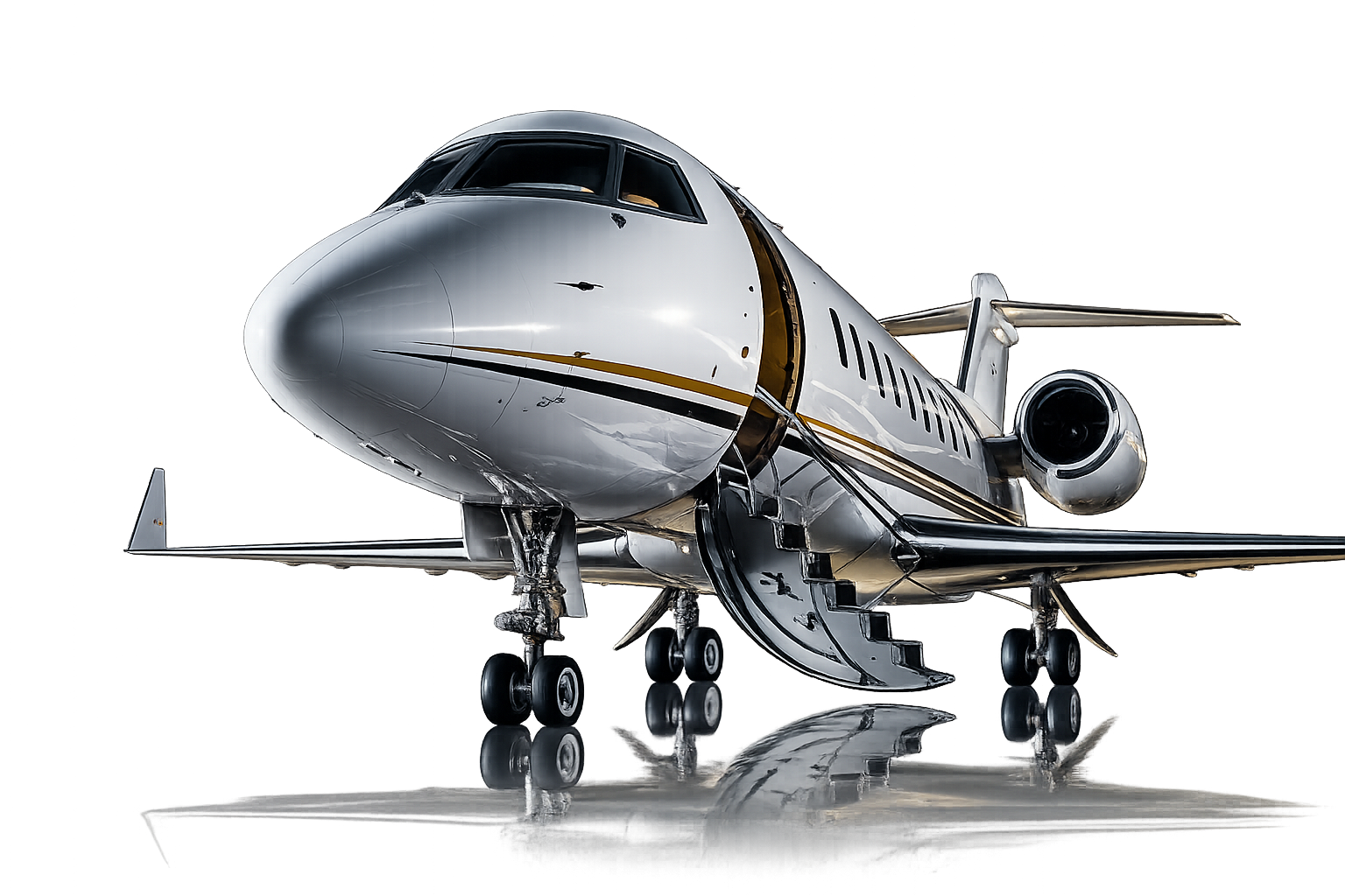 A white private jet with gold and black accents parked on an airport tarmac, with steps leading up to the open door.