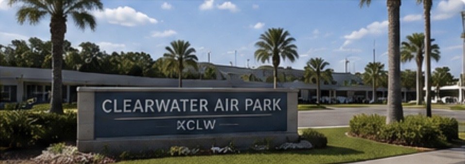 Sign for Clearwater Air Park with the airport code XCLW, surrounded by palm trees and buildings.
