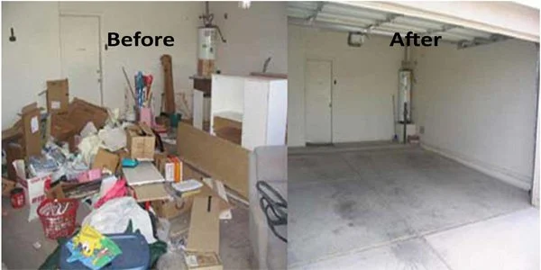Comparison of a messy, cluttered garage before cleaning and a clean, organized garage after cleaning.