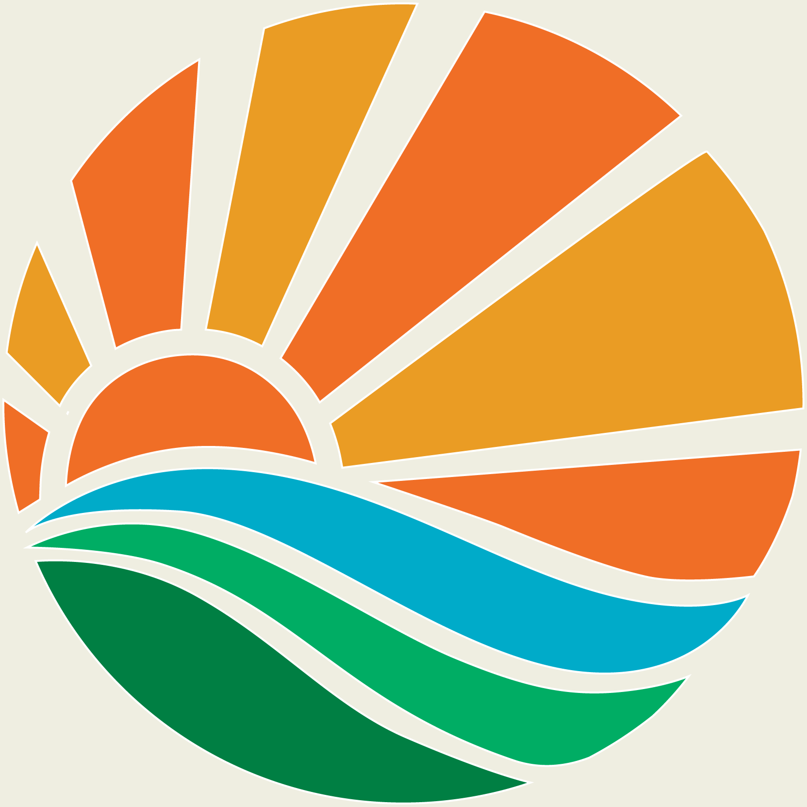 A colorful abstract design with curved, segmented shapes in orange, yellow, blue, and green on a light beige background.