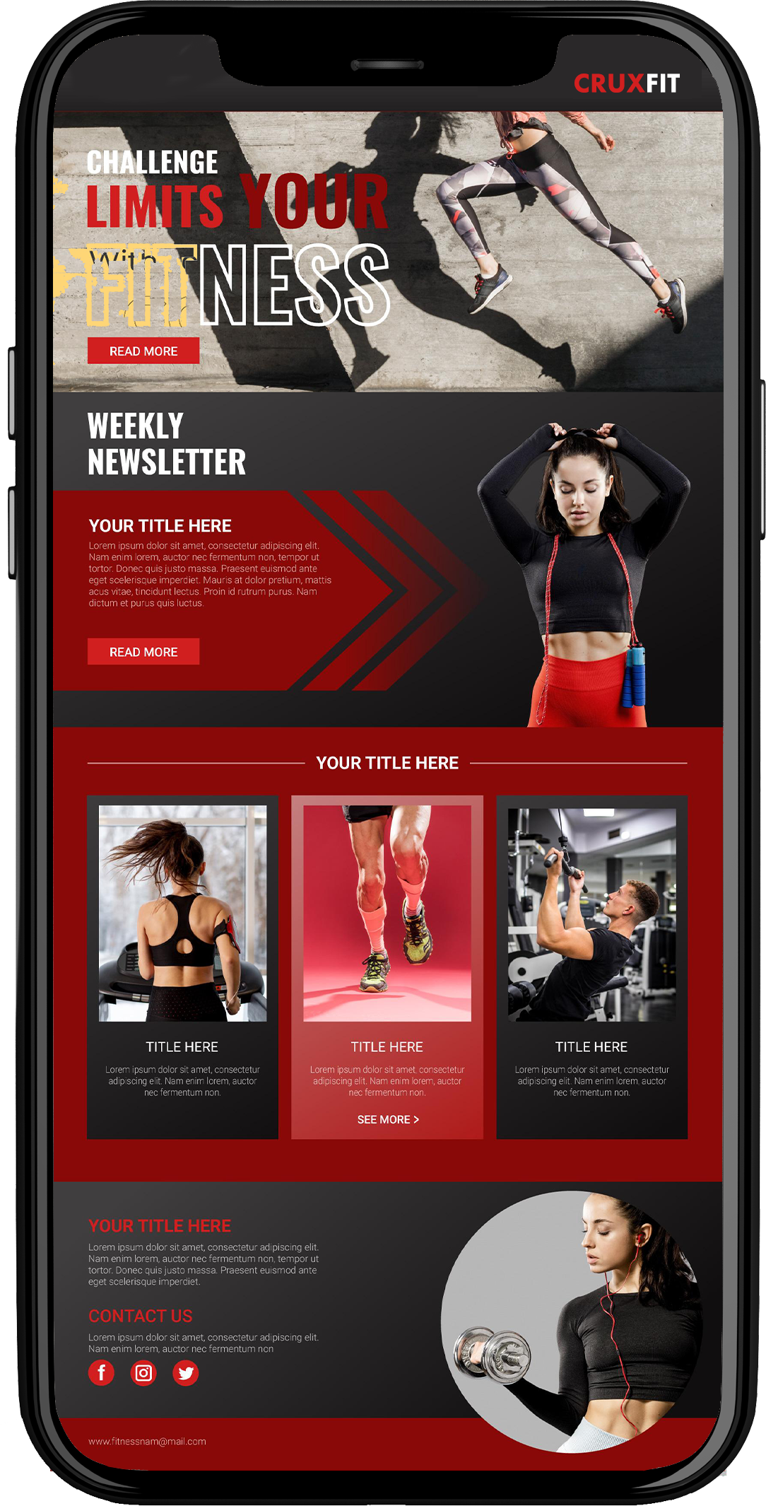 Mobile fitness newsletter with images of people exercising, including running, weightlifting, and using gym equipment, featuring a woman with a jump rope and a woman lifting dumbbells.