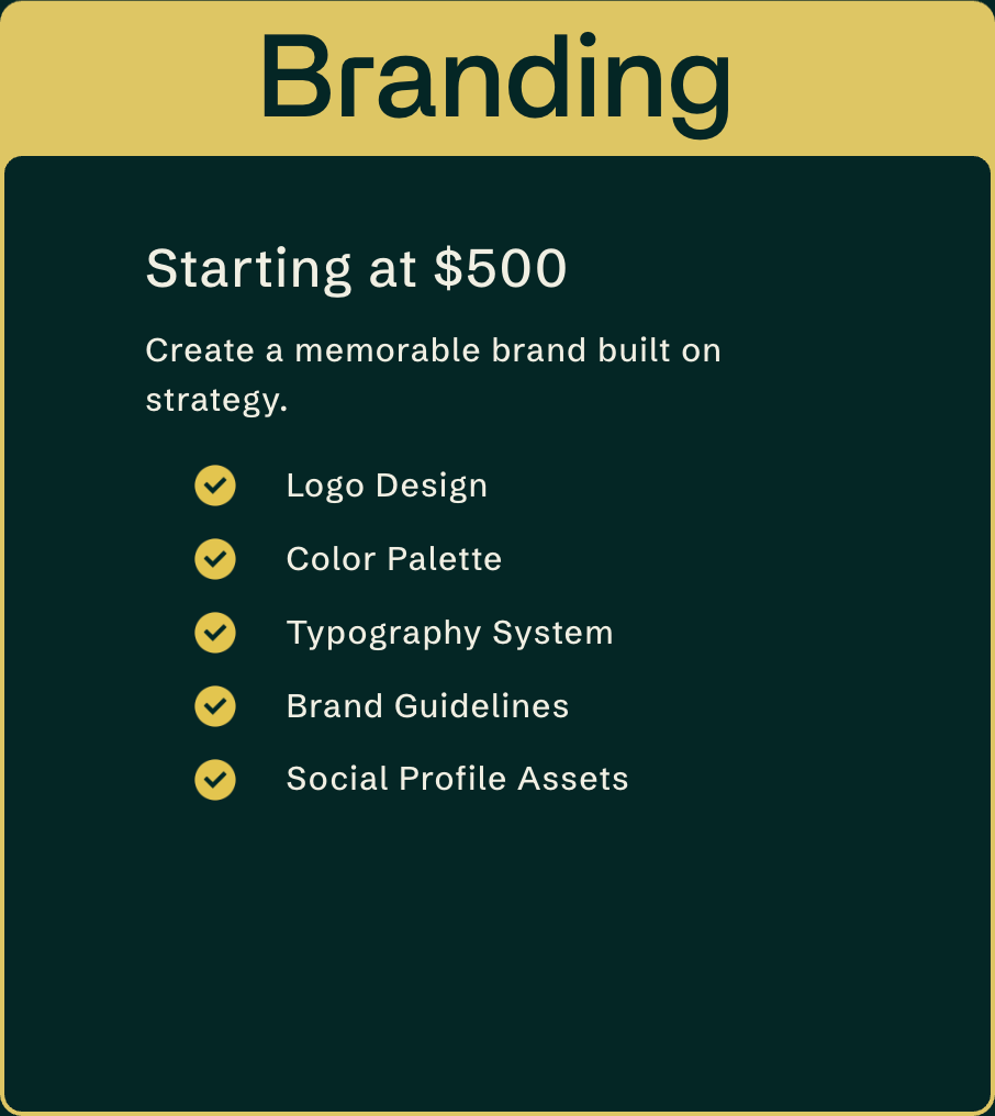 A marketing flyer displaying branding services starting at $500, including logo design, color palette, typography system, brand guidelines, and social profile assets.