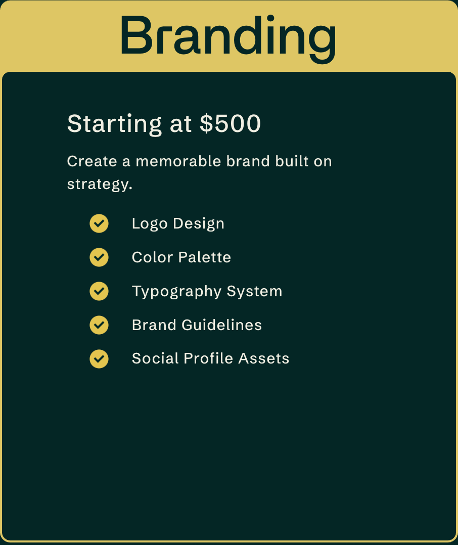 A marketing or branding service advertisement detailing a package starting at $500, including logo design, color palette, typography system, brand guidelines, and social profile assets.