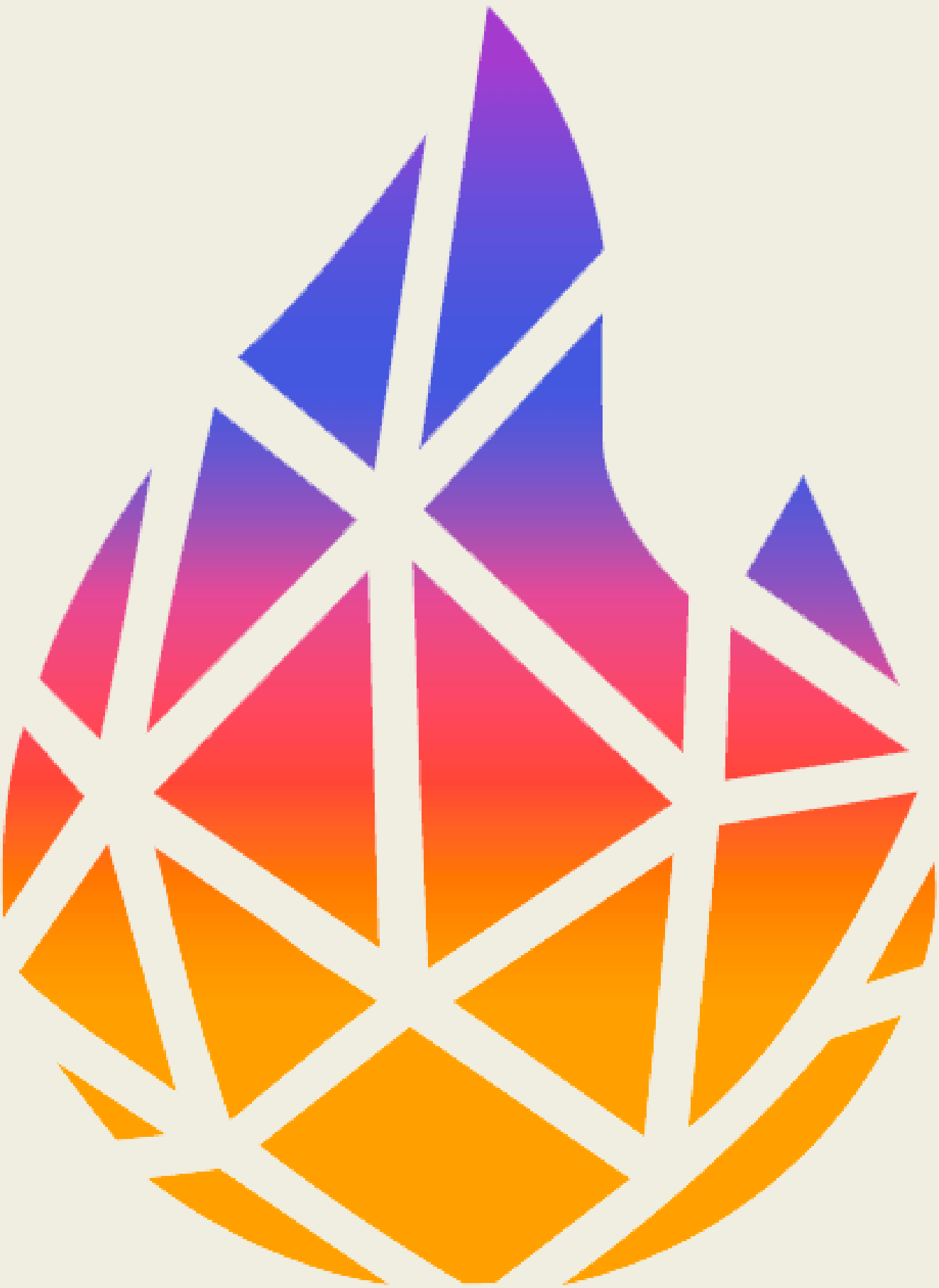 Colorful geometric pattern resembling a faceted jewel or ornament with shades of purple, pink, orange, and red, divided by white lines on a light background.