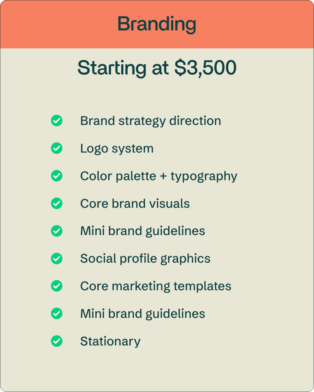 A marketing pricing list with a header labeled 'Branding' in a coral-colored box, and the starting price of $3,500. Below is a bulleted list with green check marks, including items such as brand strategy direction, logo system, color palette and typography, core brand visuals, mini brand guidelines, social profile graphics, core marketing templates, and stationary.