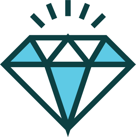 A stylized graphic of a diamond with light blue and dark blue sections, featuring radiating lines above it.