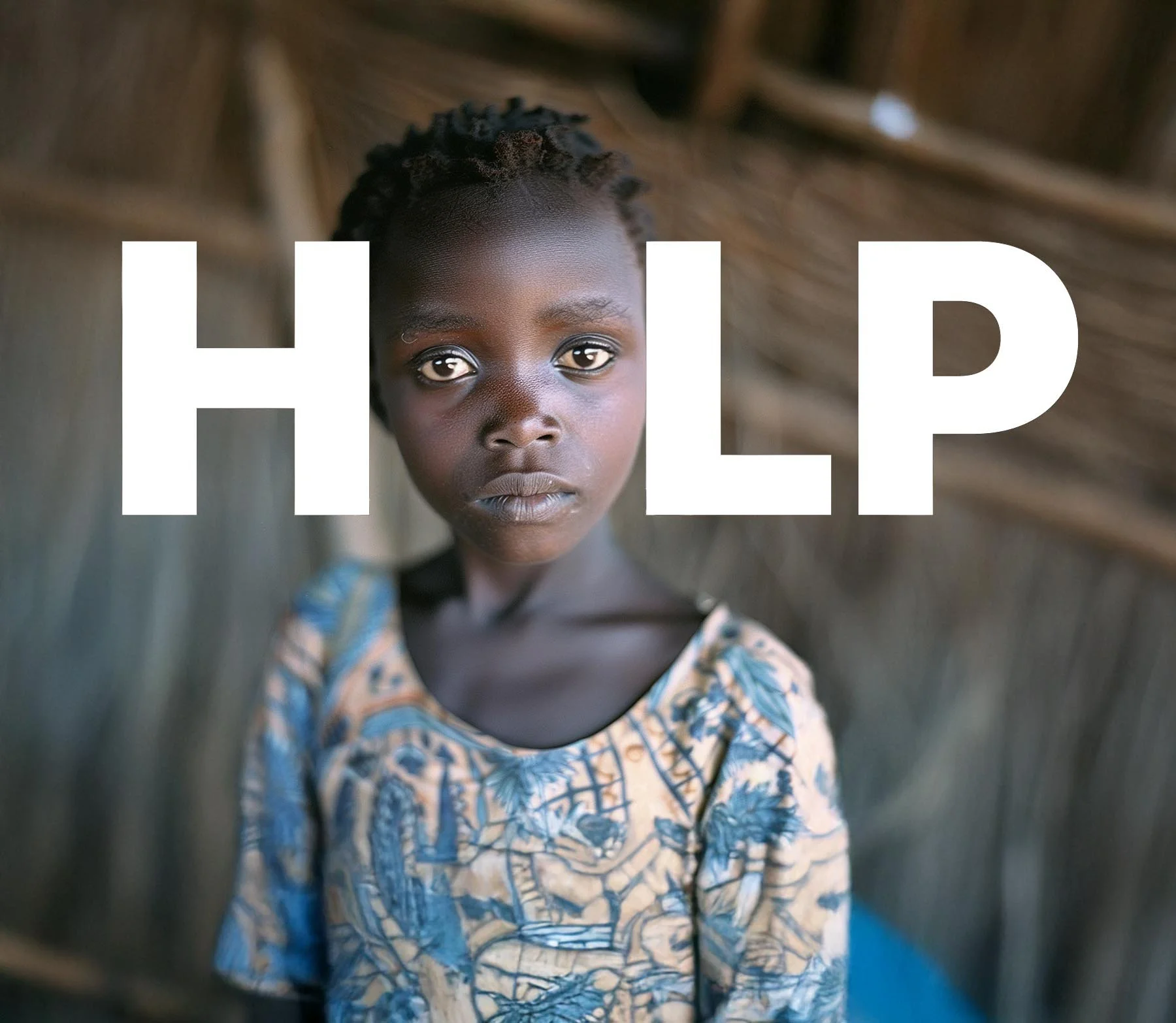 A young girl with dark skin and braided hair, wearing a colorful patterned shirt, standing indoors with a wooden wall in the background. The word 'HELP' is written in large white letters across her face.