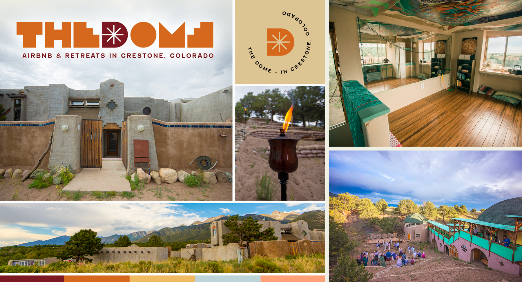 Collage of images showcasing ThUND, an Airbnb retreat in Crestone, Colorado, including an exterior shot of an adobe-style building with curved walls, a desert landscape with a fire feature, a cozy interior with wooden floors and colorful ceiling art, a panoramic mountain view, and a gathering of people outdoors near a lavender-pink building with a green roof.