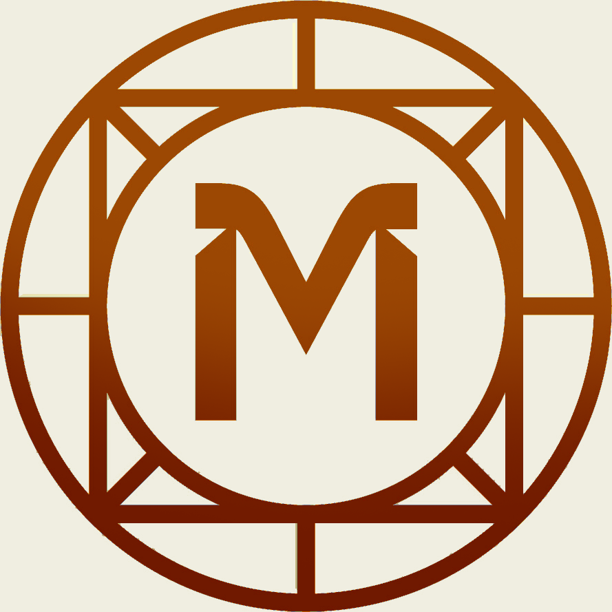 Brown geometric logo with a stylized letter 'M' in the center, surrounded by a circular border with rectangular and triangular shapes.